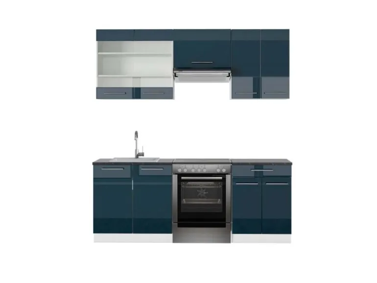 Vicco Fame-Line Küchenschränke Dunkelblau Hochglanz/Weiß 200 cm AP Anthrazit ohne E-Geräte