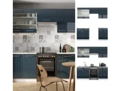 Vicco Fame-Line Küchenschränke Dunkelblau Hochglanz/Weiß 200 cm AP Anthrazit ohne E-Geräte