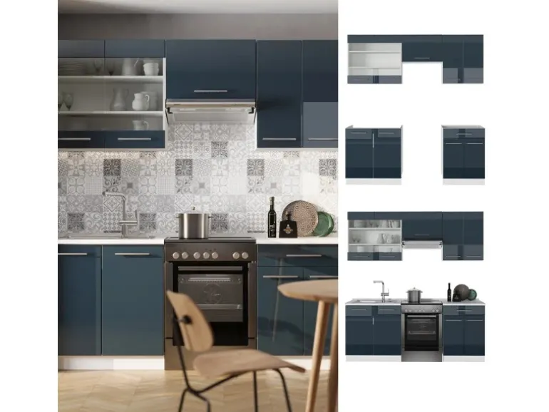 Vicco Fame-Line Küchenschränke Dunkelblau Hochglanz/Weiß 200 cm AP Anthrazit ohne E-Geräte