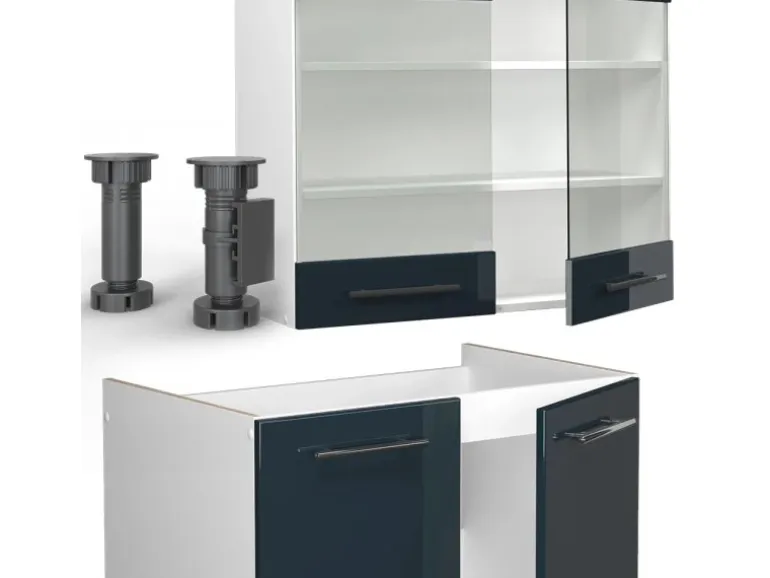 Vicco Fame-Line Küchenschränke Dunkelblau Hochglanz/Weiß 200 cm AP Anthrazit ohne E-Geräte