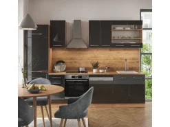 Vicco Fame-Line Küchenzeile Anthrazit Hochglanz/Goldkraft Eiche 300 cm ohne Arbeitsplatte ohne E-Geräte