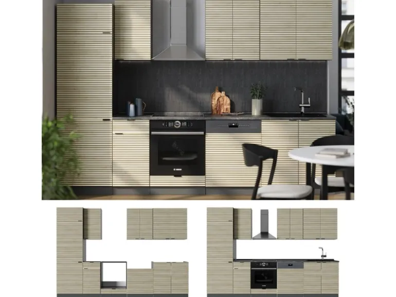 Vicco Fame-Line Küchenzeile Eiche Paneel/Anthrazit 300 cm AP Marmor ohne E-Geräte