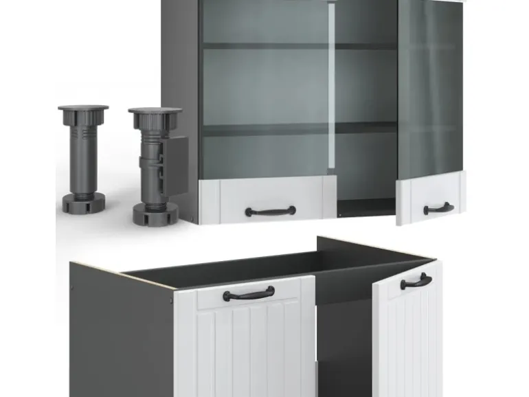 Vicco Fame-Line Küchenzeile Weiß Landhaus/Anthrazit 240 cm ohne Arbeitsplatte ohne E-Geräte