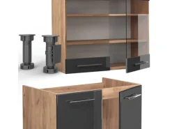 Vicco Fame-Line Küchenzeile Anthrazit Hochglanz/Goldkraft Eiche 240 cm ohne Arbeitsplatte ohne E-Geräte