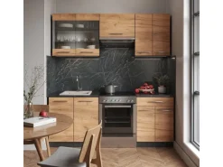 Vicco Fame-Line Küchenzeile Goldkraft Eiche/Anthrazit 200 cm AP Marmor ohne E-Geräte