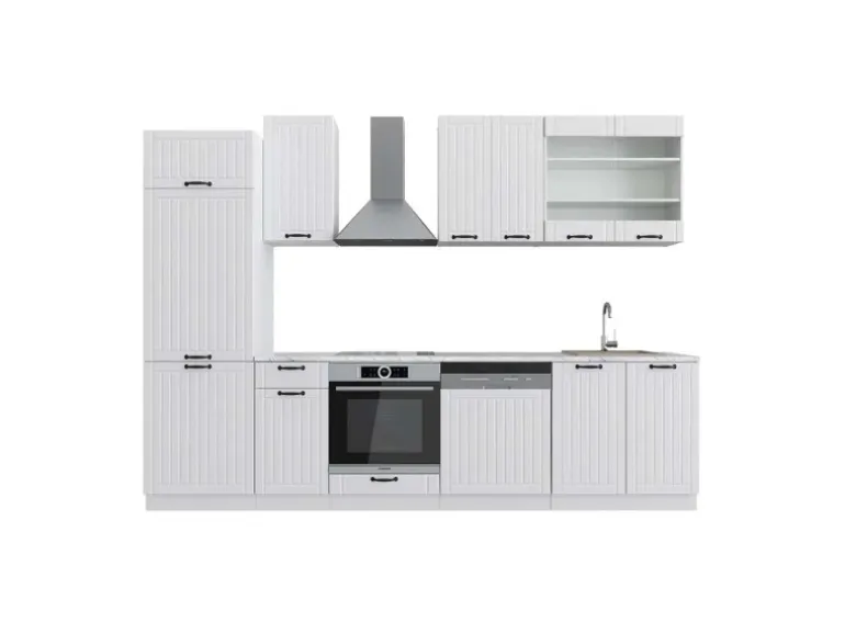 Vicco Fame-Line Küchenzeile Weiß Landhaus/Weiß 300 cm AP Marmor ohne E-Geräte