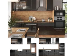 Vicco Fame-Line Küchenzeile Anthrazit Hochglanz/Goldkraft Eiche 300 cm mit Hochschrankohne Arbeitsplatte ohne E-Geräte