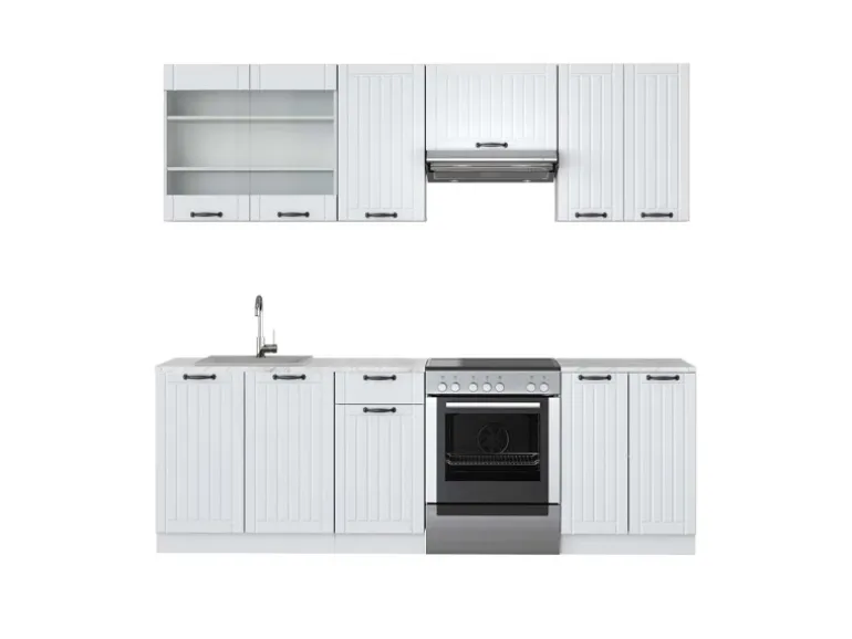 Vicco Fame-Line Küchenzeile Weiß Landhaus/Weiß 240 cm AP Marmor ohne E-Geräte
