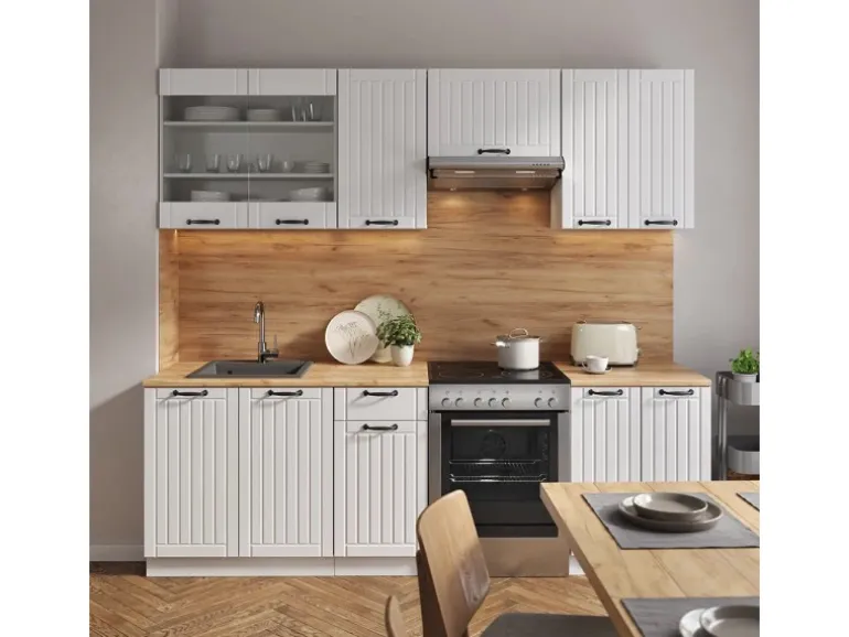 Vicco Fame-Line Küchenzeile Weiß Landhaus/Weiß 240 cm AP Marmor ohne E-Geräte