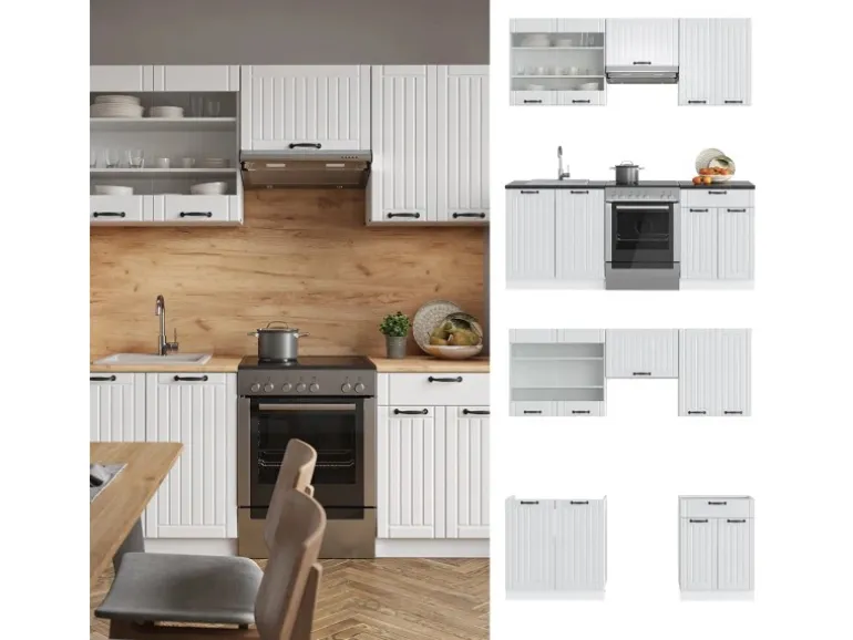 Vicco Fame-Line Küchenzeile Weiß Landhaus/Weiß 200 cm ohne Arbeitsplatte ohne E-Geräte