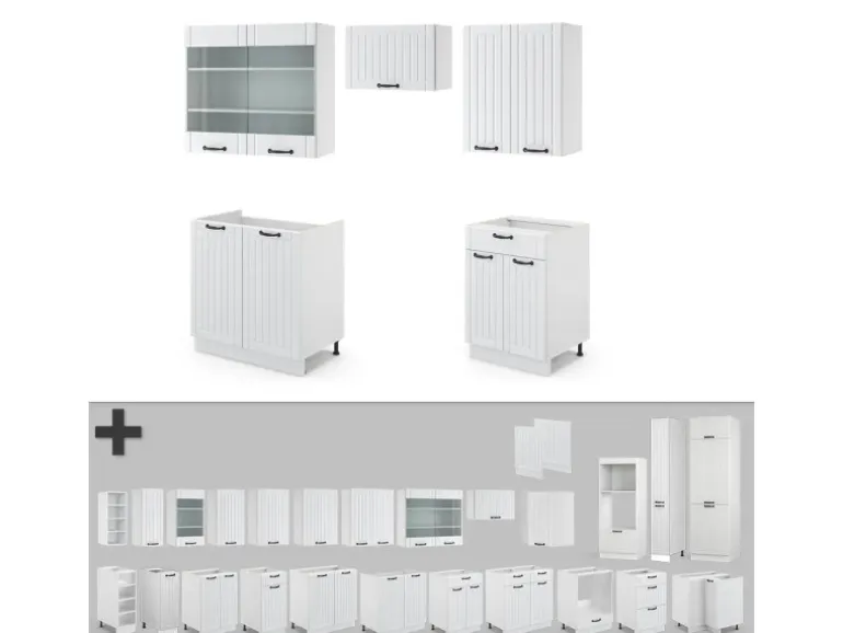 Vicco Fame-Line Küchenzeile Weiß Landhaus/Weiß 200 cm ohne Arbeitsplatte ohne E-Geräte