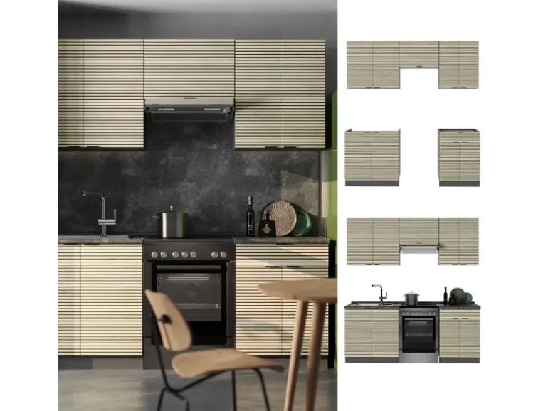 Vicco Fame-Line Küchenzeile Eiche Paneel/Anthrazit 200 cm AP Eiche ohne E-Geräte