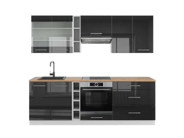 Vicco Fame-Line Küchenzeile Anthrazit Hochglanz/Weiß 235 cm AP Eiche ohne E-Geräte