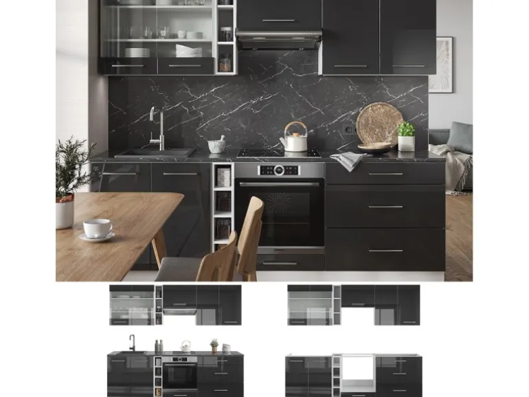 Vicco Fame-Line Küchenzeile Anthrazit Hochglanz/Weiß 235 cm AP Eiche ohne E-Geräte