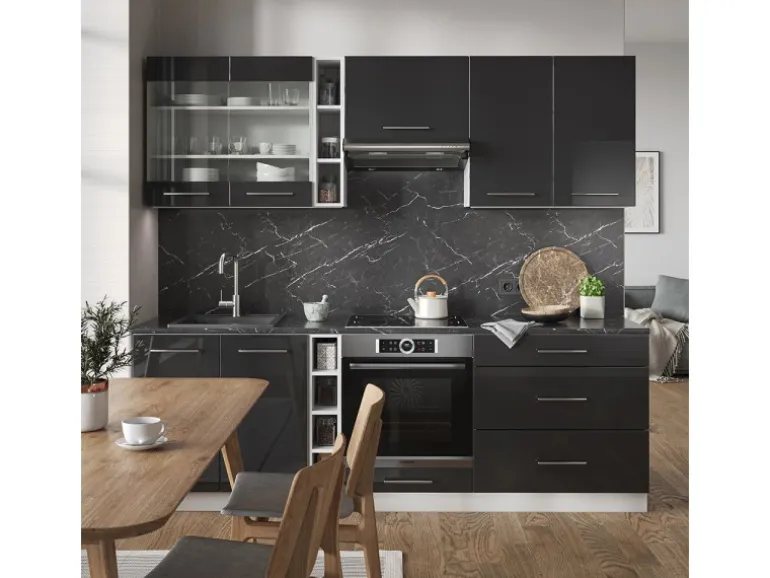 Vicco Fame-Line Küchenzeile Anthrazit Hochglanz/Weiß 235 cm AP Eiche ohne E-Geräte