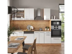 Vicco Fame-Line Küchenzeile Weiß Hochglanz/Goldkraft Eiche 300 cm mit HochschrankAP Marmor ohne E-Geräte