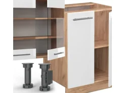 Vicco Fame-Line Küchenzeile Weiß Hochglanz/Goldkraft Eiche 300 cm mit HochschrankAP Marmor ohne E-Geräte