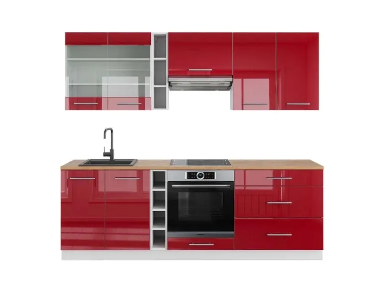 Vicco Fame-Line Küchenzeile Bordeaux Hochglanz/Weiß 235 cm AP Eiche ohne E-Geräte