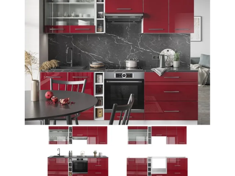 Vicco Fame-Line Küchenzeile Bordeaux Hochglanz/Weiß 235 cm AP Eiche ohne E-Geräte