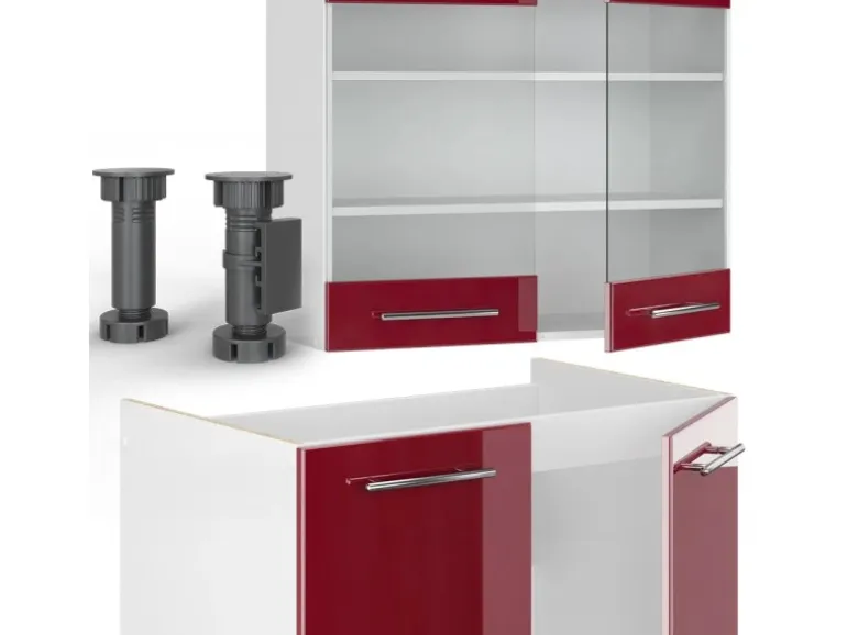 Vicco Fame-Line Küchenzeile Bordeaux Hochglanz/Weiß 235 cm AP Eiche ohne E-Geräte