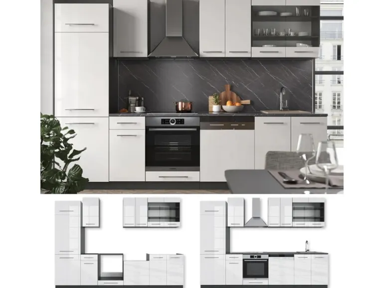 Vicco Fame-Line Küchenzeile Weiß Hochglanz/Anthrazit 300 cm ohne Arbeitsplatte ohne E-Geräte