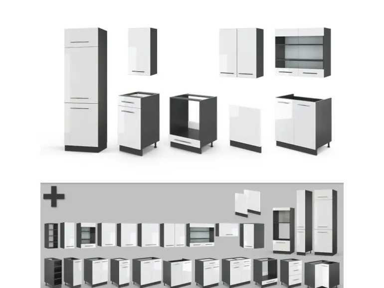 Vicco Fame-Line Küchenzeile Weiß Hochglanz/Anthrazit 300 cm ohne Arbeitsplatte ohne E-Geräte