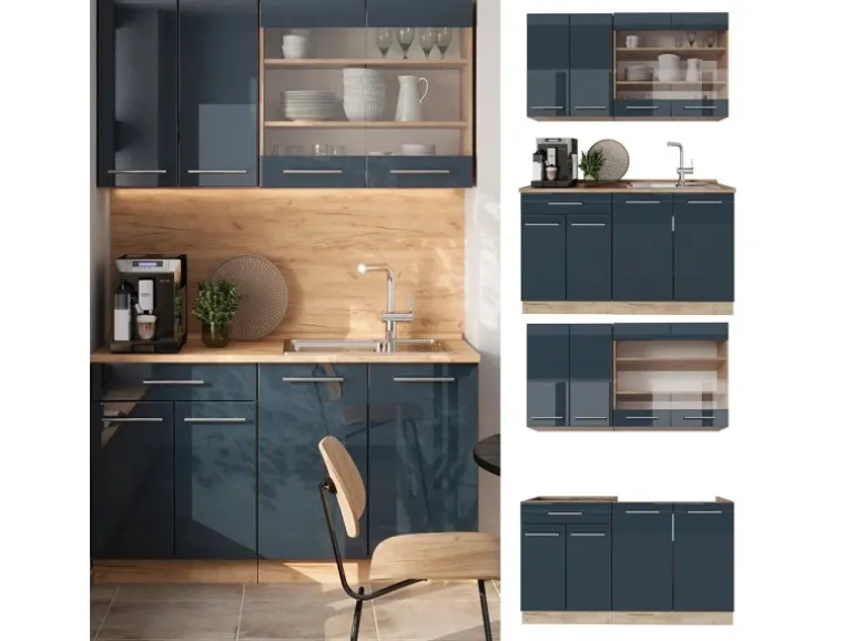 Vicco Fame-Line Küchenzeile Dunkelblau Hochglanz/Goldkraft Eiche 140 cm ohne Arbeitsplatte ohne E-Geräte