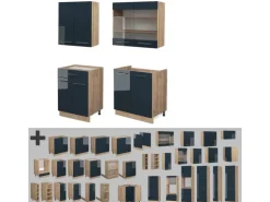 Vicco Fame-Line Küchenzeile Dunkelblau Hochglanz/Goldkraft Eiche 140 cm ohne Arbeitsplatte ohne E-Geräte