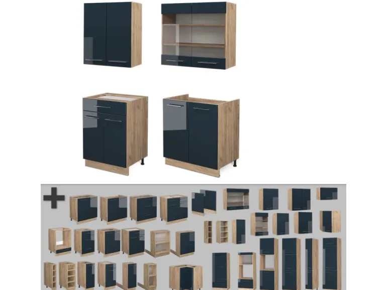 Vicco Fame-Line Küchenzeile Dunkelblau Hochglanz/Goldkraft Eiche 140 cm ohne Arbeitsplatte ohne E-Geräte