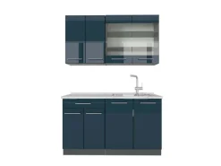 Vicco Fame-Line Singleküche Dunkelblau Hochglanz/Anthrazit 140 cm AP Marmor ohne E-Geräte