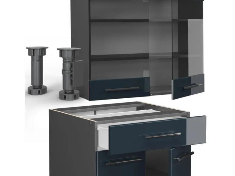 Vicco Fame-Line Singleküche Dunkelblau Hochglanz/Anthrazit 140 cm AP Marmor ohne E-Geräte