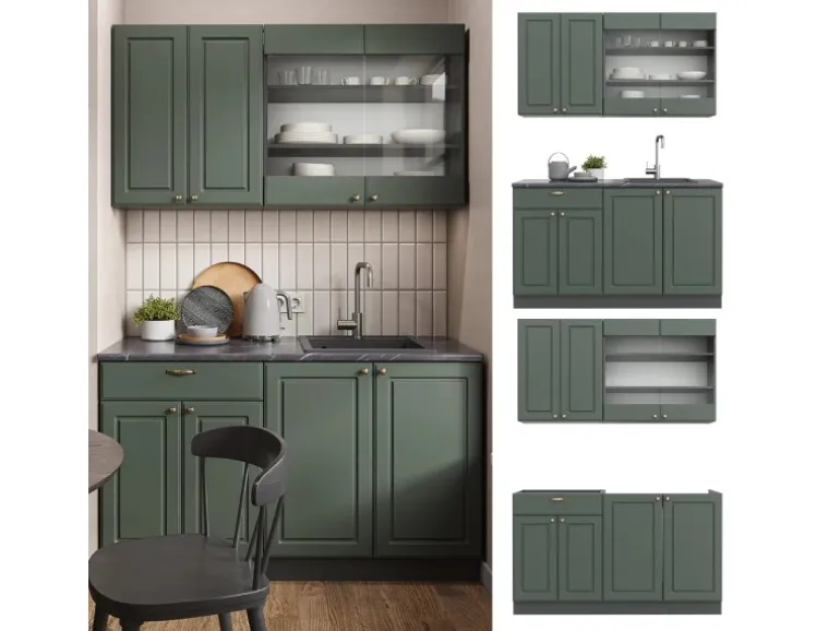 Vicco Fame-Line Singleküche Grün-Gold Landhaus/Anthrazit 140 cm AP Anthrazit ohne E-Geräte