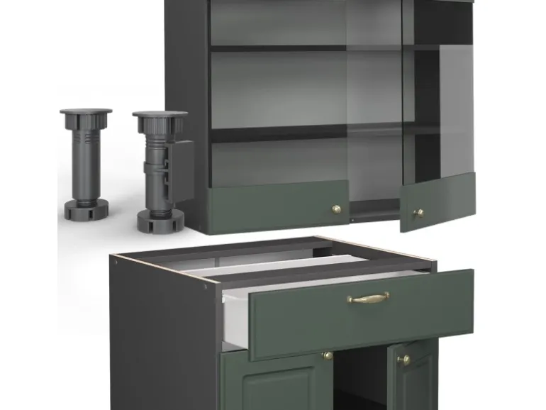 Vicco Fame-Line Singleküche Grün-Gold Landhaus/Anthrazit 140 cm AP Anthrazit ohne E-Geräte