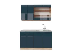 Vicco Fame-Line Singleküche Dunkelblau Hochglanz/Goldkraft Eiche 140 cm AP Marmor ohne E-Geräte