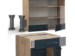 Vicco Fame-Line Singleküche Dunkelblau Hochglanz/Goldkraft Eiche 140 cm AP Marmor ohne E-Geräte