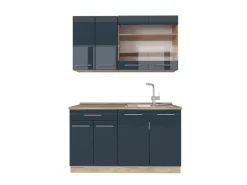 Vicco Fame-Line Singleküche Dunkelblau Hochglanz/Goldkraft Eiche 140 cm AP Eiche ohne E-Geräte