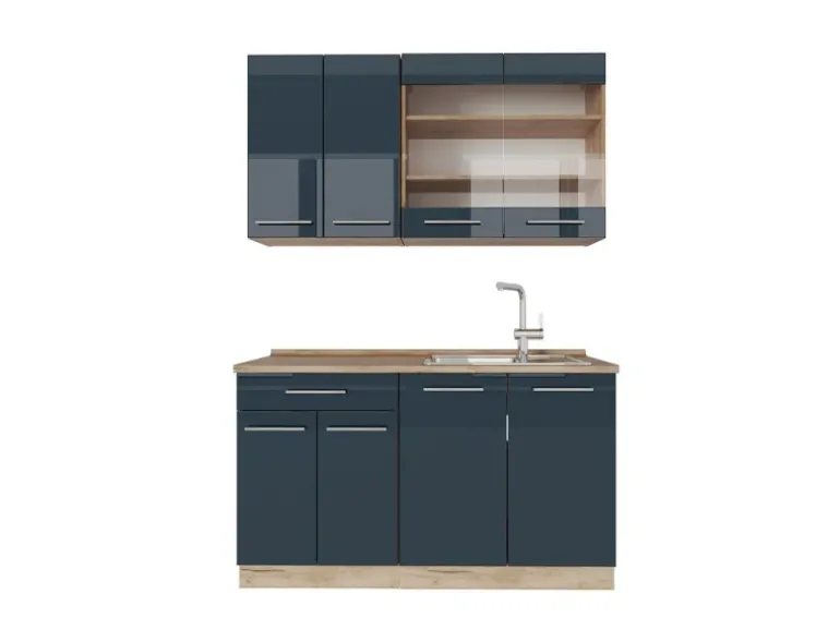 Vicco Fame-Line Singleküche Dunkelblau Hochglanz/Goldkraft Eiche 140 cm AP Eiche ohne E-Geräte