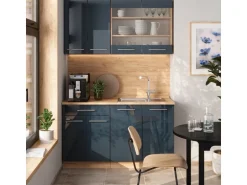 Vicco Fame-Line Singleküche Dunkelblau Hochglanz/Goldkraft Eiche 140 cm AP Eiche ohne E-Geräte