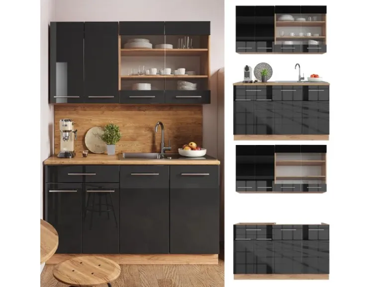 Vicco Fame-Line Singleküche Anthrazit Hochglanz/Goldkraft Eiche 140 cm ohne Arbeitsplatte ohne E-Geräte