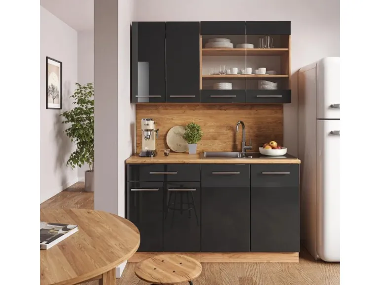 Vicco Fame-Line Singleküche Anthrazit Hochglanz/Goldkraft Eiche 140 cm ohne Arbeitsplatte ohne E-Geräte