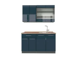 Vicco Fame-Line Singleküche Dunkelblau Hochglanz/Anthrazit 140 cm AP Eiche ohne E-Geräte