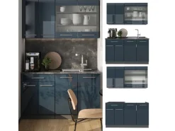 Vicco Fame-Line Singleküche Dunkelblau Hochglanz/Anthrazit 140 cm AP Eiche ohne E-Geräte