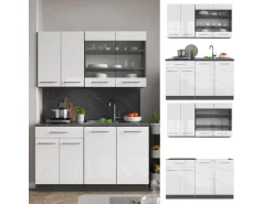 Vicco Fame-Line Singleküche Weiß Hochglanz/Anthrazit 140 cm AP Eiche ohne E-Geräte