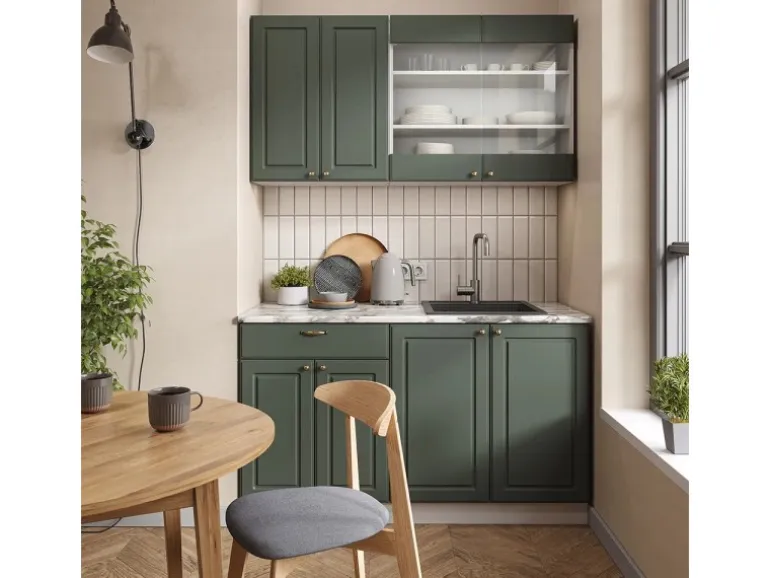 Vicco Fame-Line Singleküche Grün-Gold Landhaus/Weiß 140 cm AP Marmor ohne E-Geräte