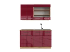 Vicco Fame-Line Singleküche Bordeaux Hochglanz/Goldkraft Eiche 140 cm AP Eiche ohne E-Geräte