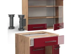 Vicco Fame-Line Singleküche Bordeaux Hochglanz/Goldkraft Eiche 140 cm AP Eiche ohne E-Geräte