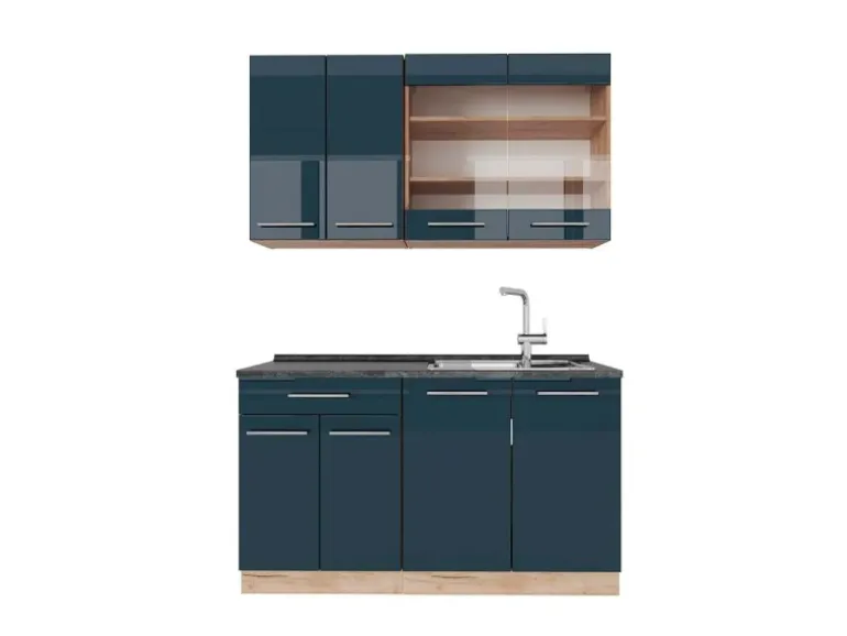 Vicco Fame-Line Singleküche Dunkelblau Hochglanz/Goldkraft Eiche 140 cm AP Anthrazit ohne E-Geräte