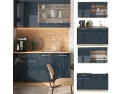 Vicco Fame-Line Singleküche Dunkelblau Hochglanz/Goldkraft Eiche 140 cm AP Anthrazit ohne E-Geräte