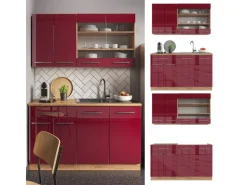 Vicco Fame-Line Singleküche Bordeaux Hochglanz/Goldkraft Eiche 140 cm AP Anthrazit ohne E-Geräte