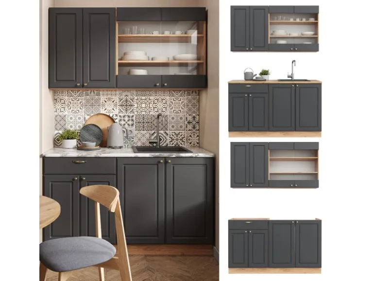 Vicco Fame-Line Singleküche Anthrazit Landhaus/Goldkraft Eiche 140 cm AP Anthrazit ohne E-Geräte